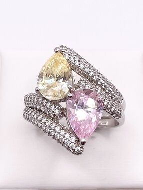 Size 9 Dual Teardrop Tourmaline Yellow/ Pink Bypass 925 sterling ring